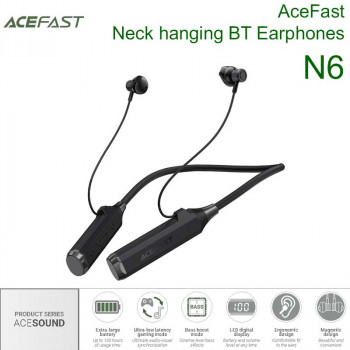 Acefast AceSound N6 Neck hanging BT Earphones, жесткая дуга на шею, BT 5.4, IPX4, 130h, LED, bk