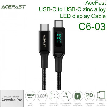Acefast Acewire Pro C6-03 USB-C to USB-C zinc alloy LED display Cable, 100w, 2m, 30т сгибов, black