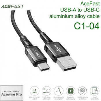 AceFast Acewire Pro C1-04 USB-A to USB-C aluminium alloy cable, 1.2m, 3A, 25000 сгибов, черный