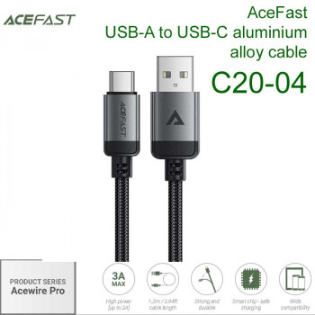 AceFast Acewire Pro C20-04 USB-A to USB-C aluminium alloy cable, 1.2m, 3A, 10000 сгибов, черный