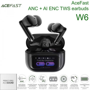 AceFast W6 ANC+AI ENC TWS earbuds, 35dB  ANC, Display, BT5.4, 8h (35h), black