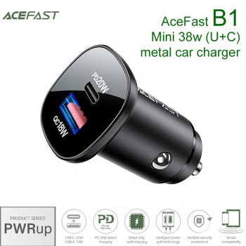 AceFast B1 PWRup series Mini 38w (U+C) metal car charger, USB-C 20w + USB-A 18w, black