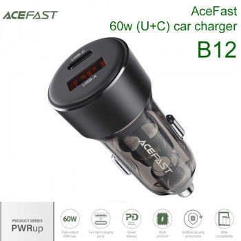 AceFast B12 PWRup series 60w (U+C) car charger, USB-C 30w + USB-A 30w, 60w max