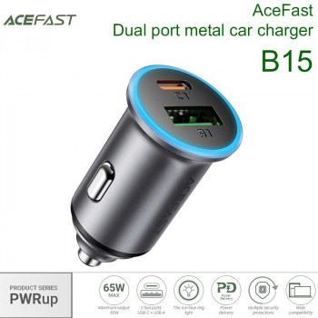 AceFast B15 PWRup series 65w (U+C) metal car charger, USB-A 36w + USB-C 65w при 24В, при 12В 36w