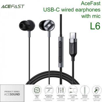 Acefast AceSound L6 USB-C wired earphones with mic, 1.2m, с Type-C разъемом, black