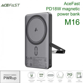 AceFast M16 PWRup series PD18W magnetic power bank 5000mah, Qi 7.5W, с подставкой, black