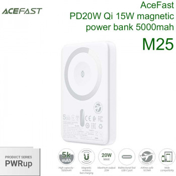 AceFast M25 PWRup series PD20W Qi 15W magnetic power bank 5000mah, with watch charging, white
