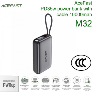 AceFast M32 PWRup series PD35w power bank with cable 10000mah, USB-C cable, gray