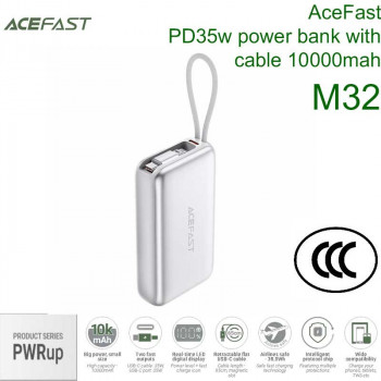 AceFast M32 PWRup series PD35w power bank with cable 10000mah, USB-C cable, silver