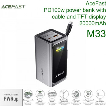AceFast M33 PWRup series PD100w power bank with cable and TFT display, 20000mah, CCC, black