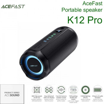 AceFast K12 Pro portable speaker, 30w, 8h, TWS stereo pairing, TF, USB, BT 6.0, black