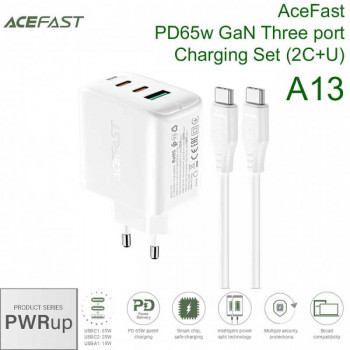 AceFast A13 PWRup series PD65w GaN Three port Charging Set (2C+U), с кабелем C-C 1m, white