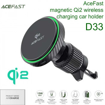 AceFast D33 Air Charge Qi2 Magnetic wireless charging car holder for air vent 15w, на решетку, black