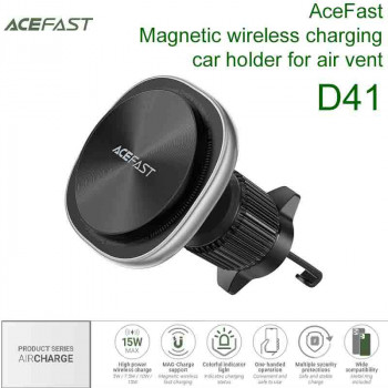 AceFast D41 AirCharge Magnetic wireless charging car holder for air vent 15w, на решетку, silver
