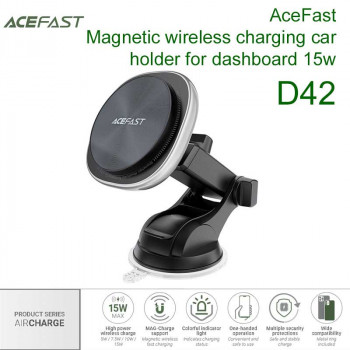 AceFast D42 AirCharge Magnetic wireless charging car holder for dashboard 15w, на панель, silver