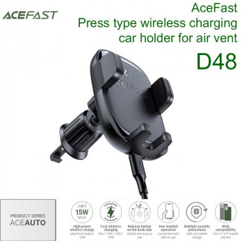 AceFast D48 AceAuto Press type wireless charging car holder for air vent 15w, на решетку, black