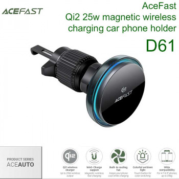 AceFast D61 Ace Auto Qi2 25W Magnetic wireless charging car holder for air vent, на решетку, black
