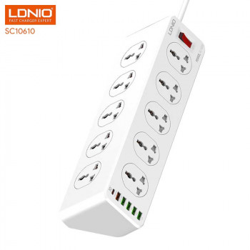 LDNIO сетевой фильтр 10 розеток + USB-C PD20w + 4 Auto-ID USB 2.4A + USB QC3.0, 2m (SC10610) белый