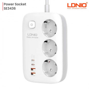LDNIO сетевой фильтр 3 розетки + 2 USB-C PD65w + USB QC3.0 60w, 2m (SE3436) белый