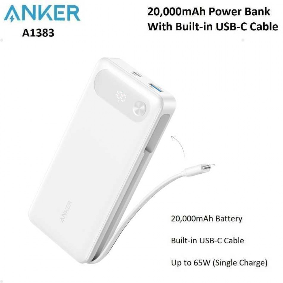 Anker PowerCore Power Bank (20K, 87W, Built-In USB-C Cable), (A1383)