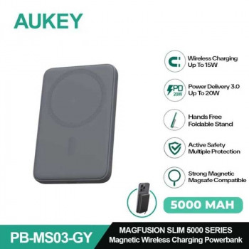 Aukey PB-MS03 MagFusion Slim 5000mAh Magnetic Wireless Power Bank, Qi 15W, PD 20w, gray