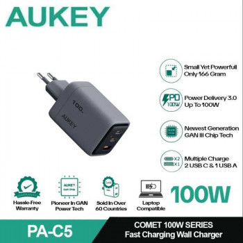 Aukey Comet Mix 3 100W 3-Port Wall GaN Charger (U+C+C), 100w max , PA-C5, gray
