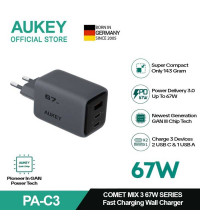 Aukey Comet Mix 3 67W 3-Port Wall GaN Charger (U+C+C), 67w max, PA-C3, gray