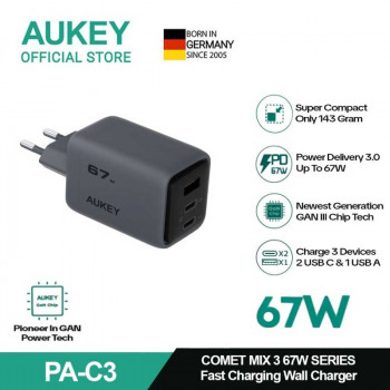 Aukey Comet Mix 3 67W 3-Port Wall GaN Charger (U+C+C), 67w max, PA-C3, gray
