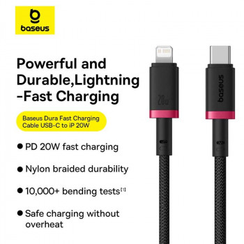 Baseus Dura Charging Cable, Type-C to iP PD20W, 1m, 10k bending, оплетка, model CB000123, black-red