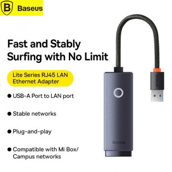 Baseus Lite Series LAN Port Ethernet Adapter, USB to 1000Mbps LAN, BS-OH002 (WKQX000101)