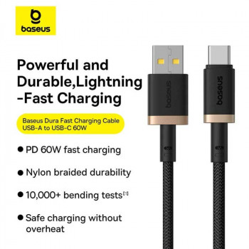 Baseus Dura Cable USB-A to USB-C 60W, 2m, 3Amax, 10т сгибов, в оплетке, CB000120, black with gold