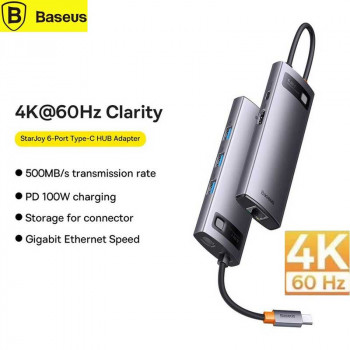 Baseus Metal Gleam Series 6-in-1, Type-C to HDMI 4K60Hz+3xUSB3.0+1GBps LAN+PD100w, model BS-OH100