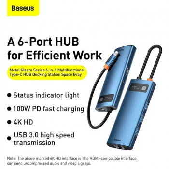 Baseus Starjoy Series 6-in-1, Type-C to HDMI 4K30Hz+3xUSB3.0+LAN+PD100w (WKWG000003) blue