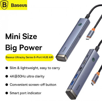 Baseus UltraJoy Series 6-in-1, Type-C to HDMI 4K30Hz+2xUSB3.0+1xUSB2.0+USB-C 3.0+PD100w, BS-OH164