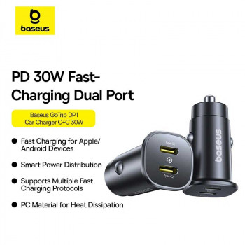 Baseus GoTrip DP1 Car Charger, C + C 30W, BS-C15C2, C00072300123-01, black 