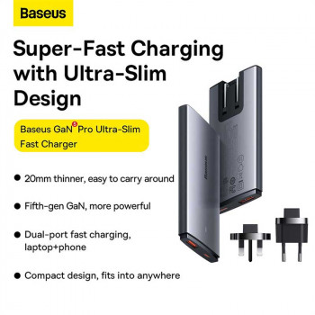 Baseus GaN 5 Pro Ultra Slim Quick Charger C+U, PD 65w + QC 60w, кабель C-C 100w, CCGAN65S5-OE, black