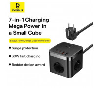 Baseus PowerCombo Cube Power Strip 7-in-1, 3xAC + 2U + 2C, 30W, 1.5m, BPS30-3E, black