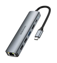 Borofone DH16 Buddy Type-C 6-in-1 Adapter, Type-C to 1xUSB3.0+2xUSB2.0+PD100w+HDMI 4K@30Hz+LAN100