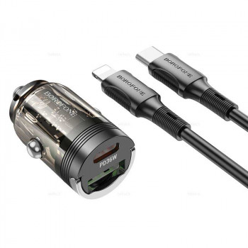 Borofone BZ29A Talented PD36W Car Charger (C+A) set, 1m C-L cable, transparent black