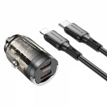 Borofone BZ29B Outstanding PD36W Car Charger (C+C) set, 1m C-L cable, transparent black