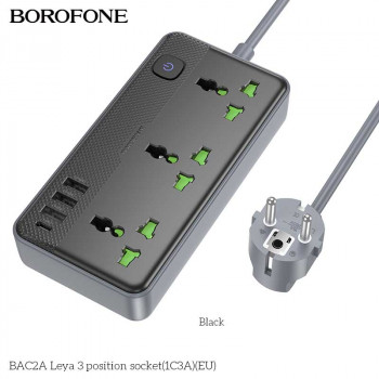 Borofone BAC2A Leya 3 position socket (C+3U), 3xAC + 3USB + USB-C 12w, AC2500w, 1.5m, black