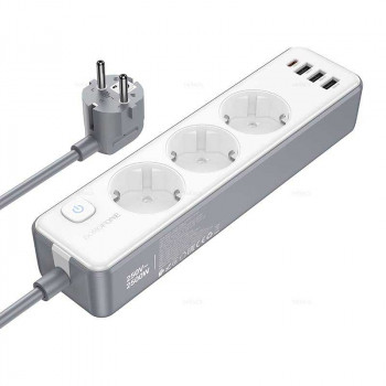 Borofone BAC9 Power 3-position 7-in-1 outlet, 3xAC + 3USB + USB-C 20w, 2m, white&grey