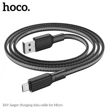 Hoco X69 Jaeger charging data cable, microUSB, 1m, оплетка, плоский, black