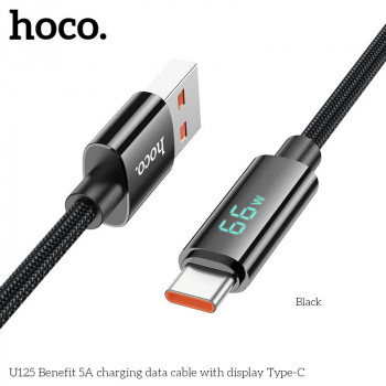 Hoco U125 Benefit 5A Charging Data Cable with display, Type-C, в оплетке, 5A 66W, 1.2m, black