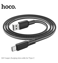 Hoco X69 Jaeger Charging Data Cable, Type-C, в оплетке, плоский, 3A, 1m, black