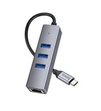 Hoco HB34 Easy link Type-C Gigabit Ethernet Adapter, 3xUSB3.0 + 1GB LAN,  metal gray