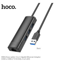 Hoco HB42 Easy safety 4-in-1 USB3.0 Gigabit Ethernet Adapter, 3xUSB3.0 + 1GB LAN,  black