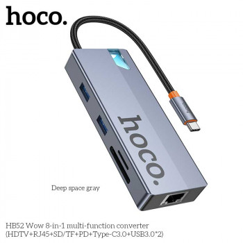 Hoco HB52 8-in-1 Wow USB-C converter, 2xUSB3.0+PD100w+HDMI 4K60Hz+LAN 100Mbps+SD/TF+USB-C, gray