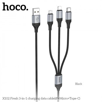 Hoco X102 Fresh 3-in-1 (L+M+C) charging data cable, 1m, 2.4A, в оплетке, black