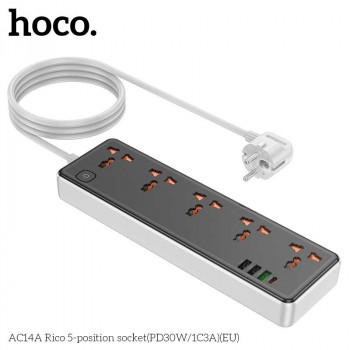 Hoco AC14A Rico 5-position socket, PD30W + USB QC3.0 18w + 2USB 5V3A, 2500w, 1.5m, black